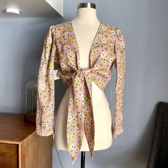 Lisa Marie Fernandez Linen Floral Front Tie Wrap Top Pink Size 2 - Picture 1 of 8